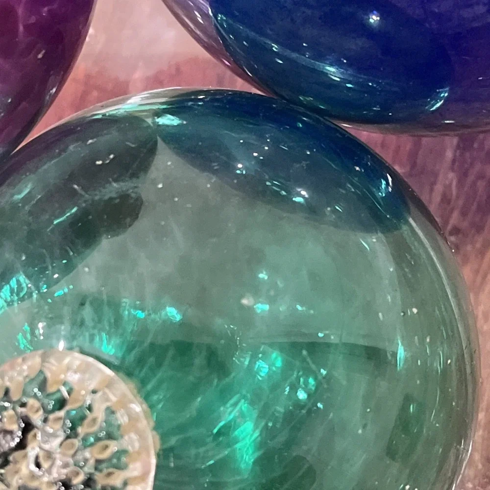 Lot Of 3 Vintage Hand Blown Green Purple Glass Fishing Net Ball Floats Japanese